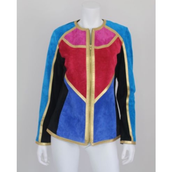 Leather Jacket Black Gold Moto Small Red Pink - Picture 1 of 6